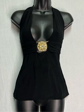 Marciano Black Plunge Halter Top Gold Medallion Y2K Going Out Club Top Stretch